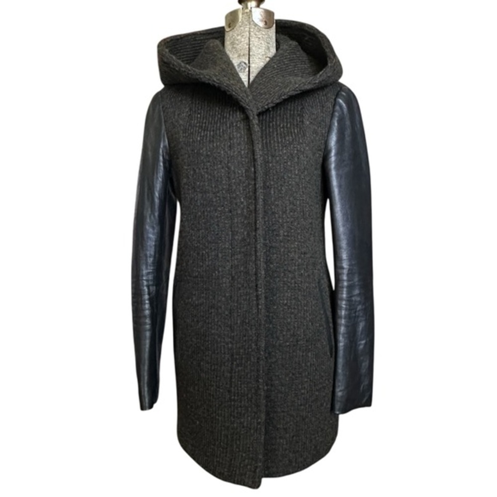 SOIA & KYO MIXED MATERIAL LEATHER AND WOOL HOODED JACKET SIZE SMALL